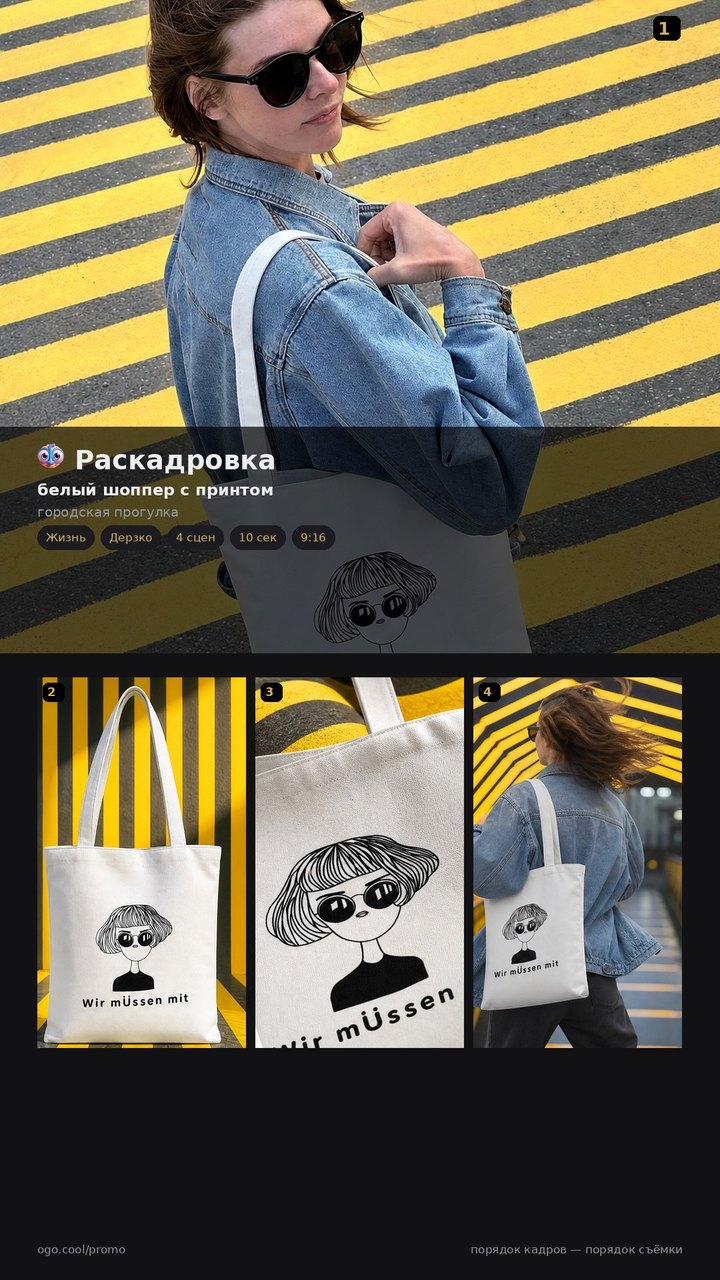 Карточка раскадровки: белый шоппер с принтом, четыре кадра с номерами